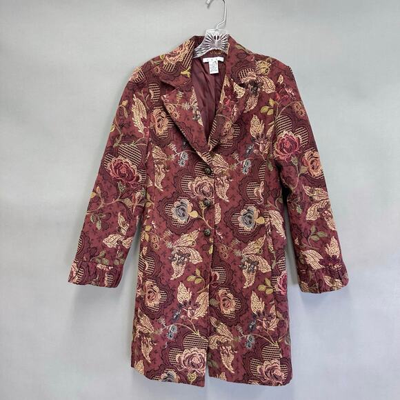 CAbi burgundy Jacobean burgundy floral jacquard tapestry long jacket Size 14 - Picture 9 of 16